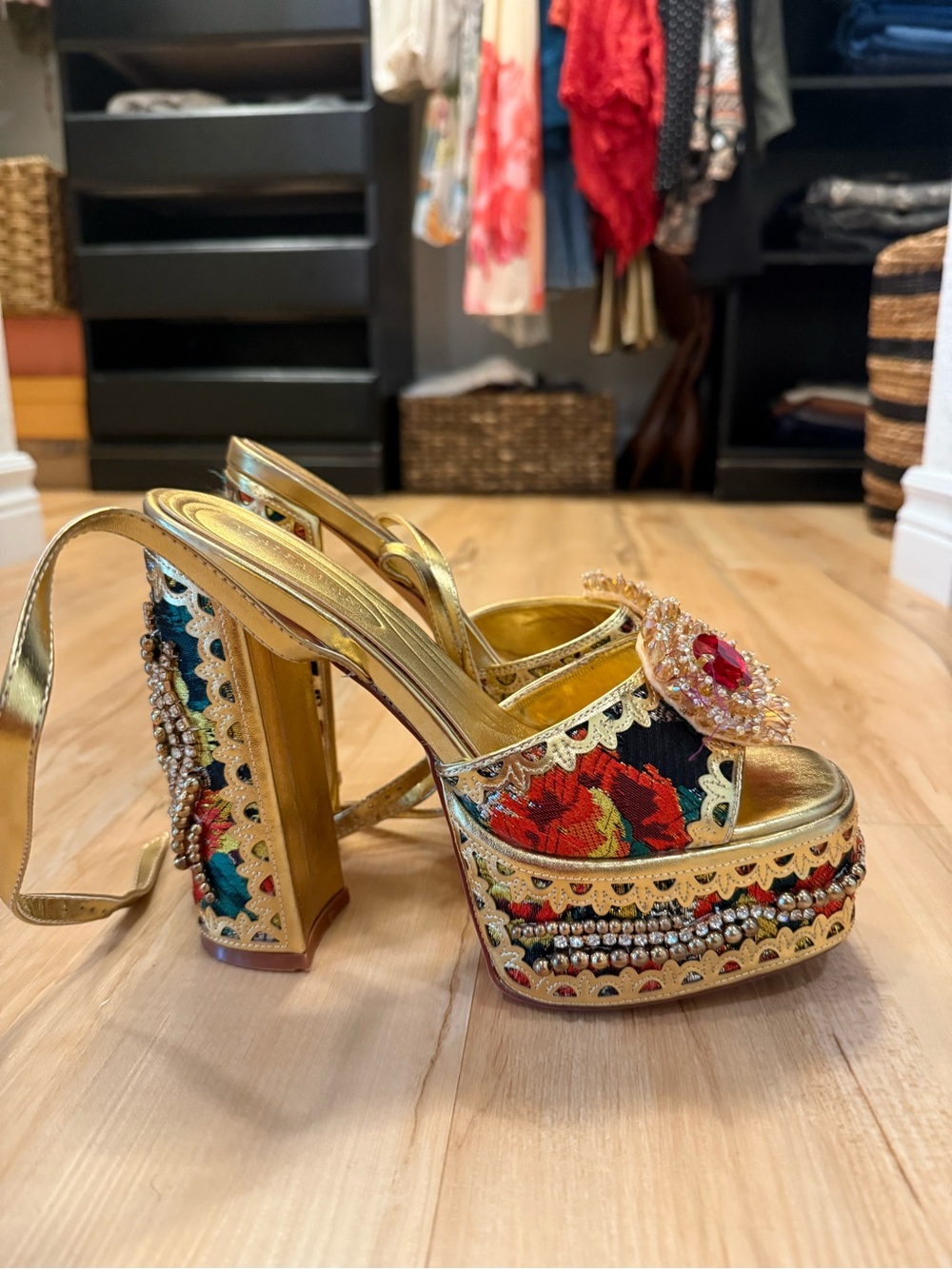 Gold Platform Slingback Heels with Red Gem Accents - Picture 2 of 6